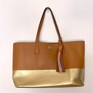 Tory Burch Pebble Leather Classic Tote Bag in Tan & Gold